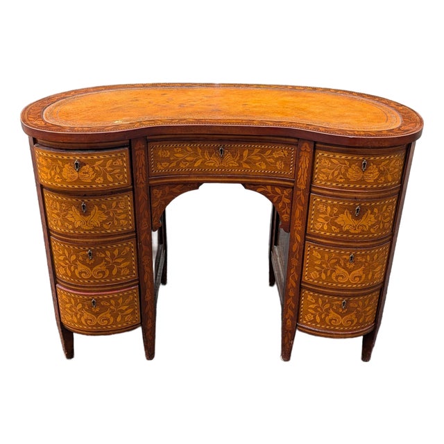 Antique Continental Marquetry Inlaid Kidney-Form Desk With Satinwood Floral Inlay For Sale