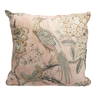 Custom Anna French Villeneuve Chinoiserie Designer Pillow - Blush Linen With Hand-Etched Pheasants & Songbirds - Luxury Feather-Down (20"x20") For Sale