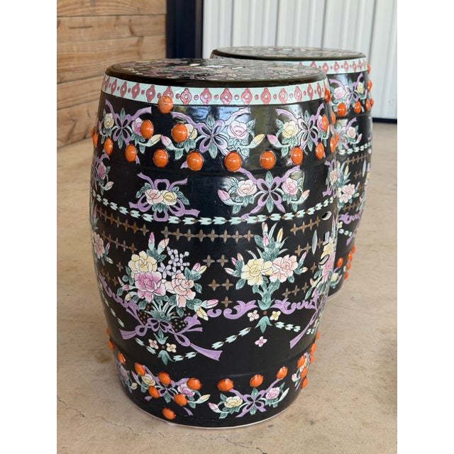 Late 20th Century Chinese Export Black Ground Famille Rose Porcelain Garden Stools For Sale - Image 4 of 12