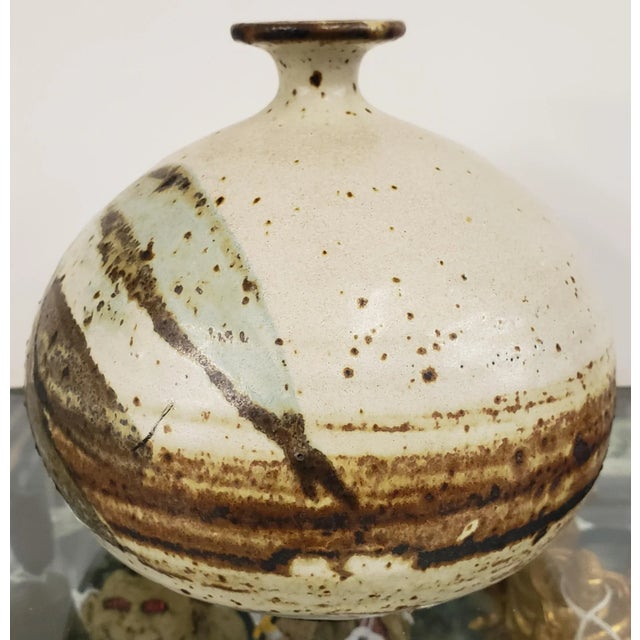 Mid-Century Modern Mid 20th Century American Studio Pottery Japanese Wabi-Sabi Style Rotund Baluster Foilage Motif Stoneware Weed Pot Vessel/Vase For Sale - Image 3 of 8