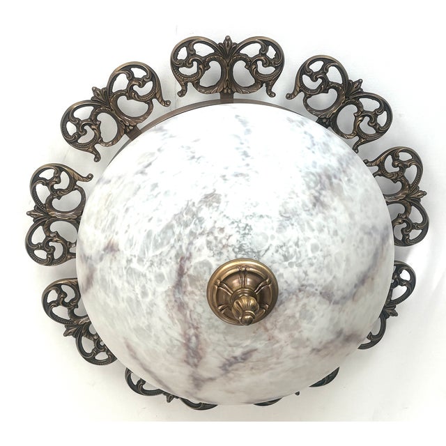 Vintage Ceiling Lamp in Brass and Marbled Glass, 1950s For Sale - Image 10 of 10
