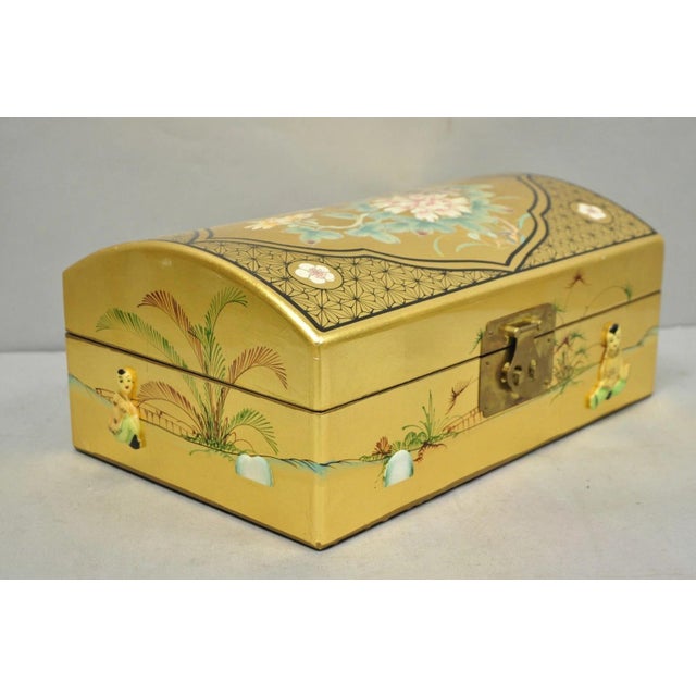 Vintage Chinese Oriental Gold Leaf Dome Lid Jewelry Box W/ Soapstone Figures For Sale - Image 11 of 18