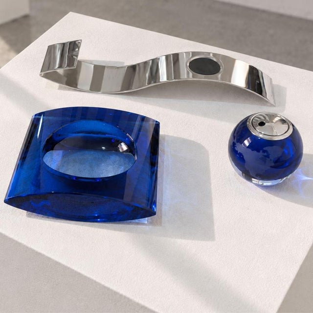 Glass Smoking Set of Murano Glass Ashtray and Lighter in Cobalt Blue in the style of Fontana Arte, 1970s For Sale - Image 7 of 9