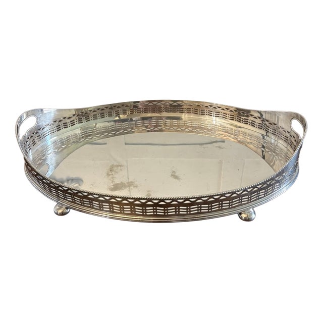 Large Antique Edwardian Silver-Plated Oval Gallery Cocktail / Decanter Tray with Handles, 1900 For Sale
