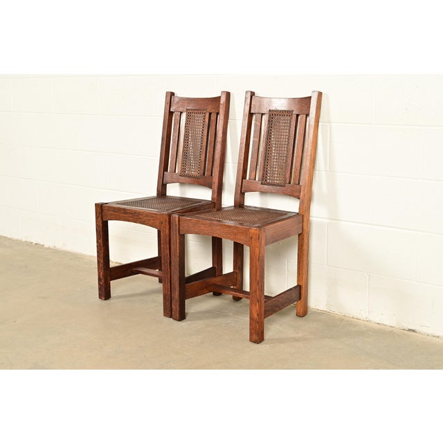 Charles Limbert Lifetime Furniture Antique Mission Oak and Cane Arts & Crafts Side Chairs or Dining Chairs, Pair For Sale - Image 4 of 12