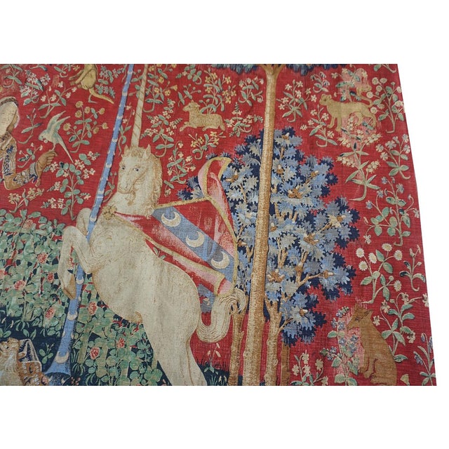 Textile 1875s Antique Red Tapestry Scene Pictorial Medieval Romance European Flat Weave For Sale - Image 7 of 13