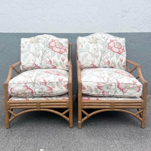 Early 21st Century Boho Chic Rattan Chippendale Style Lounge Chairs by David Francis - A Pair For Sale - Image 5 of 10