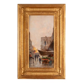 Oscar Ricciardi, Sunlit Market Street Scene, Oil on Panel For Sale