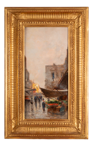 Oscar Ricciardi, Sunlit Market Street Scene, Oil on Panel
