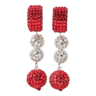 Richard Kerr Oversized Red and White Jeweled Pair of Clip Earrings For Sale