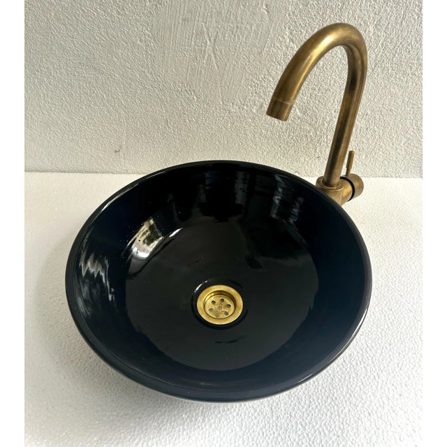 Black Round Ceramic Blacked Vanity Vessel Sink Basin, Brass Drain For Sale - Image 6 of 9