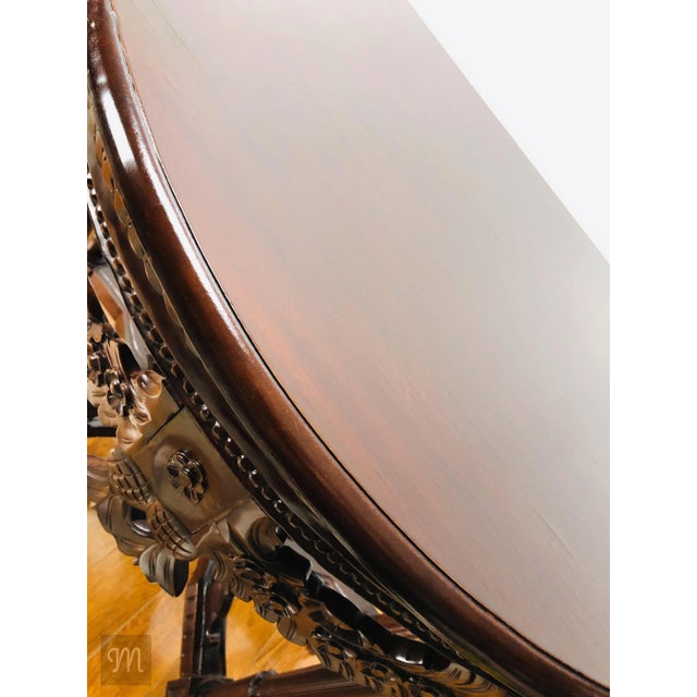 Chocolate 1930s Artisan Carved - Demi Lune Console Table Solid Mahogany For Sale - Image 8 of 8