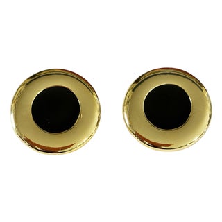 Vintage Elegant Gold Tone and Black Enamel Modernist Clip- On Earrings For Sale