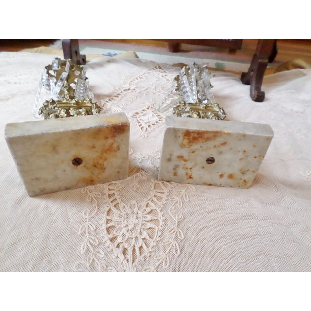 Late 19th Century Antique Girandole Set Ornate Brass and Marble Candelabra With Crystal Prisms For Sale - Image 5 of 5