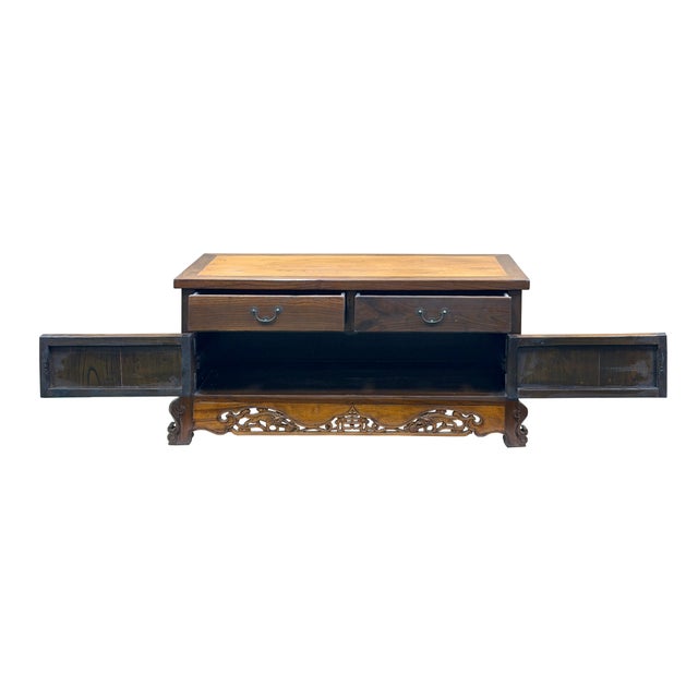 Elevate your interior design with this exquisite vintage Asian wooden low cabinet, featuring a rich, warm wood finish and...