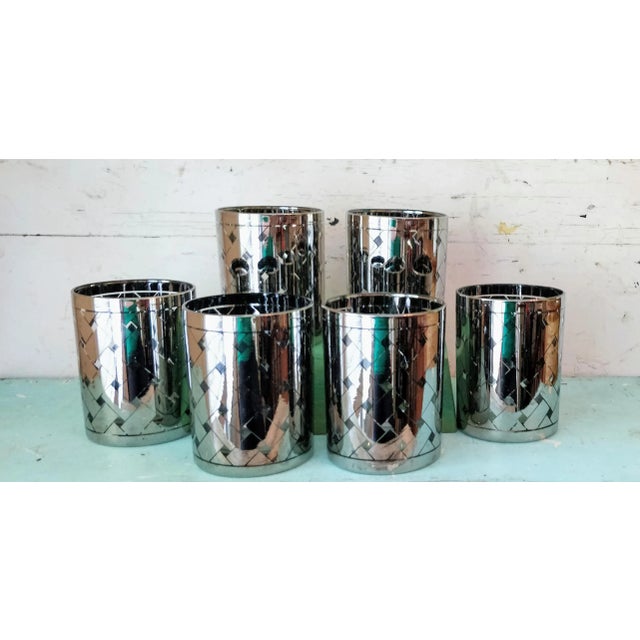 Mid-Century Modern Vintage Silver Basketweave Pattern Low-Ball Glasses Herringbone For Sale - Image 3 of 8