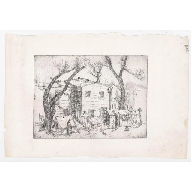 1960s etching of a peasant in the yard of her farm. Unsigned.
