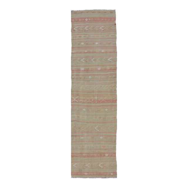 Mid 20th Century Vintage Striped Turkish Kilim Runner With Stripes in Tan Ivory & Light Coral For Sale