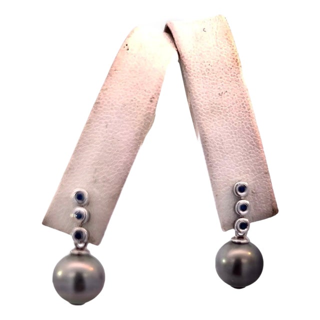 Tahitian Pearl & Sapphire Earrings 14k Gold 9.46 mm Certified For Sale
