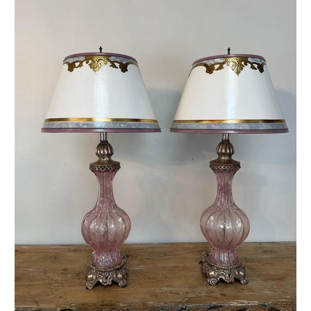 An enchanting and highly collectible pair of vintage Italian Murano art glass table lamps, in the manner of Barovier &...