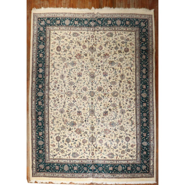 Vintage Zabihi Collection Large Ivory Green Indian Room Rug - 10'9" x 13'3" For Sale - Image 9 of 11