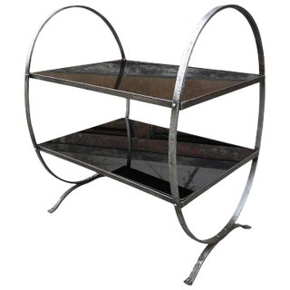 1930s Art Deco Etched Steel and Ebony Glass Two-Tier Side Table For Sale