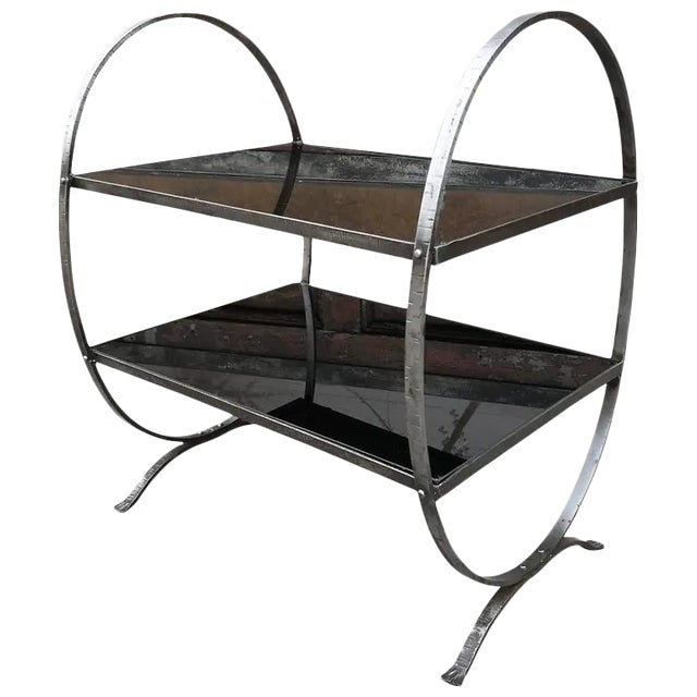 1930s Art Deco Etched Steel and Ebony Glass Two-Tier Side Table For Sale