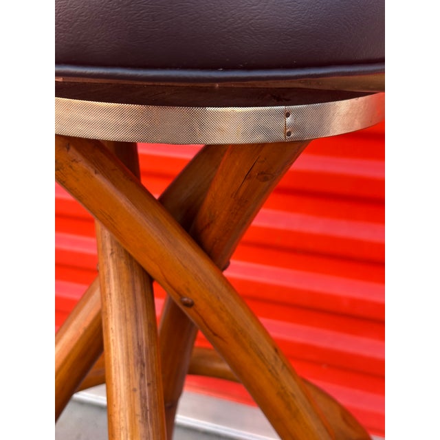 Paul Frankl Mid-Century Swivel "Spiral" Leg Rattan & Brass Barstools- Set of 2 For Sale - Image 4 of 14