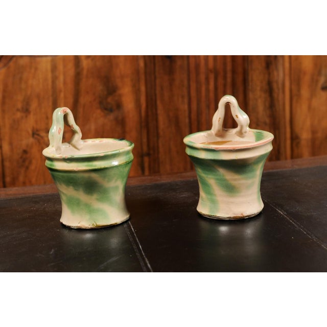 French 19th Century Green and Yellow Glazed Pottery Hanging Planters - A Pair For Sale - Image 12 of 13