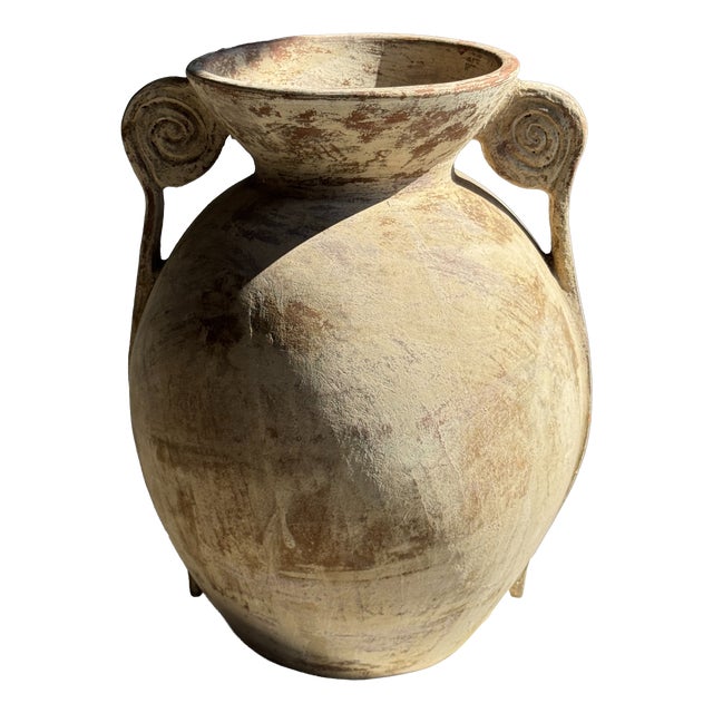 Large Cream-Colored Terracotta Vase with Double Spiral Handles, 1960s For Sale