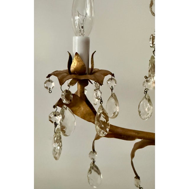 Mid 20th Century Hollywood Regency Gilt Tole Leaf & Crystal 5-Light Chandelier For Sale - Image 9 of 12