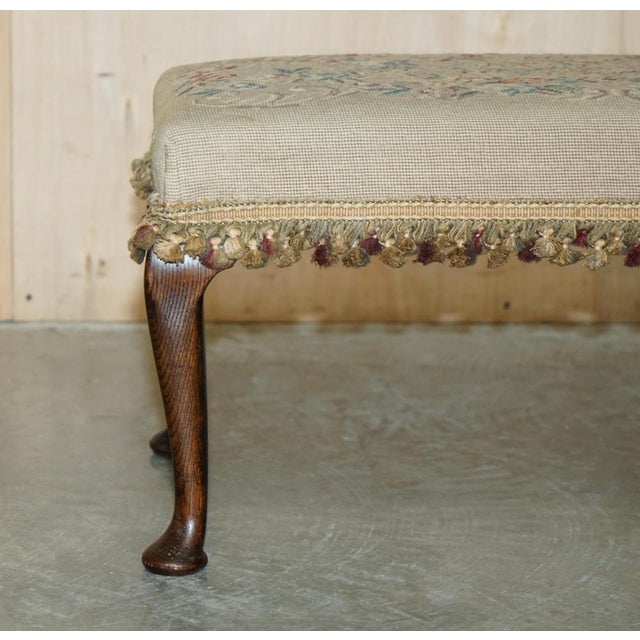 Large Victorian Oak Cabriole Legged Footstool with Embroidered Upholstery, 1880s For Sale - Image 3 of 18