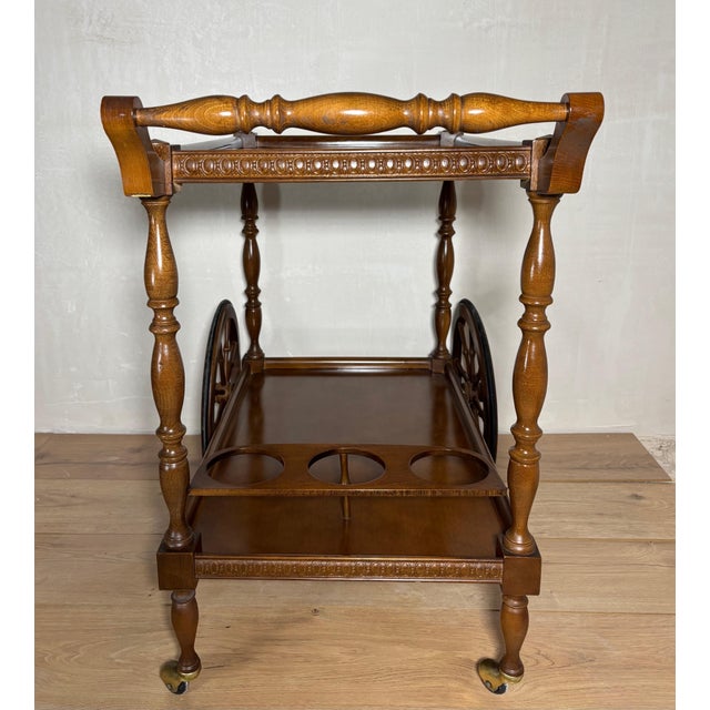 Spanish Mid-Century Wooden Bar Cart with Turned Legs and Bottle Holder For Sale - Image 11 of 12