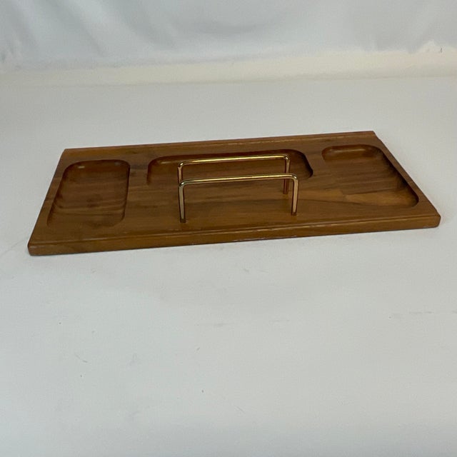 Burnt Umber 1970s Mid-Century Boho Chic Americana Walnut and Brass Dresser or Desk Caddy Catchall. For Sale - Image 8 of 11