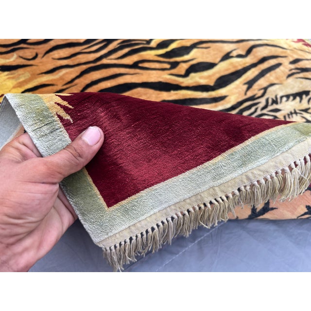 Yellow Golden Yellow Silk Tiger Design Pictorial Rug – Handmade Tribal Caucasian Rug For Sale - Image 8 of 11