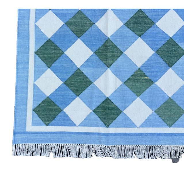 Handmade Cotton Area Rug, Forest Green, Sky Blue and Cream Small Checked Dhurrie - 9'x12' For Sale - Image 10 of 13