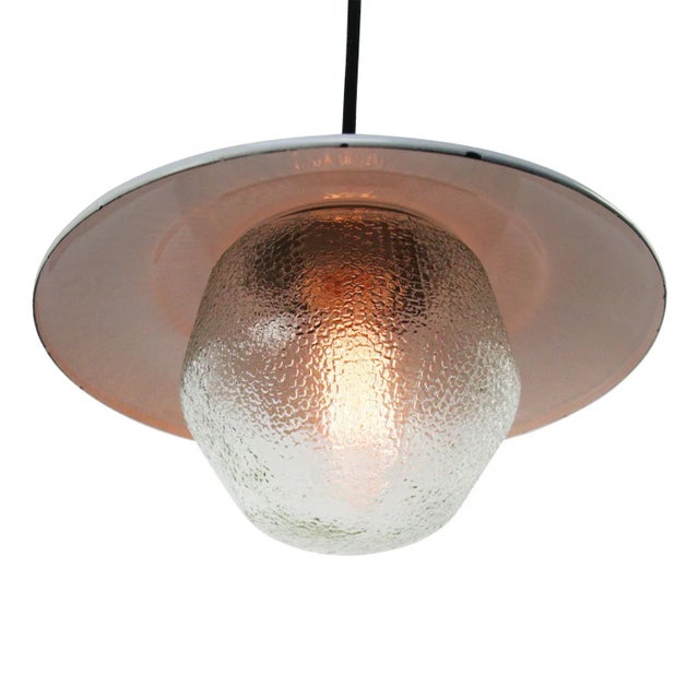 Vintage Brass, White Enamel & Frosted Glass Pendant Lights, in Very Good conditions. Designed 1950 to 1959 Up to 250V...