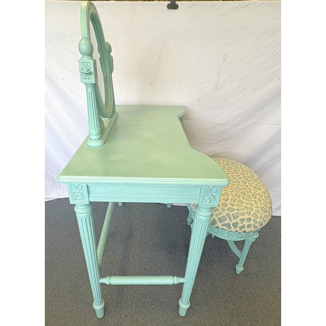 Vintage Vanity With Coordinating Stool Painted in an Ethereal Blue With New Upholstery For Sale - Image 4 of 18