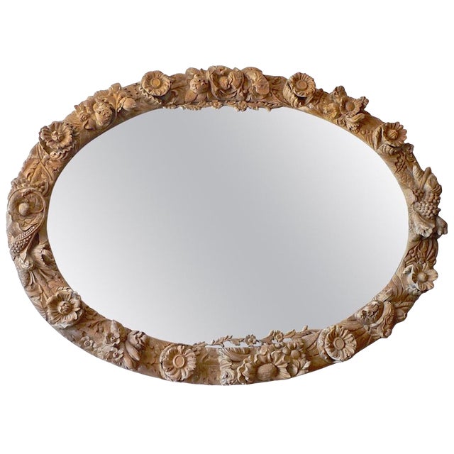 1960s Vintage Italian Hand Carved Oval Wood Mirror Frame With Aged