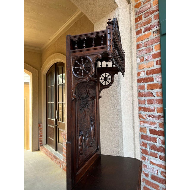 Brown Antique French Breton Hall Cabinet Tall Narrow Carved Crown Bookcase C1880 For Sale - Image 8 of 18
