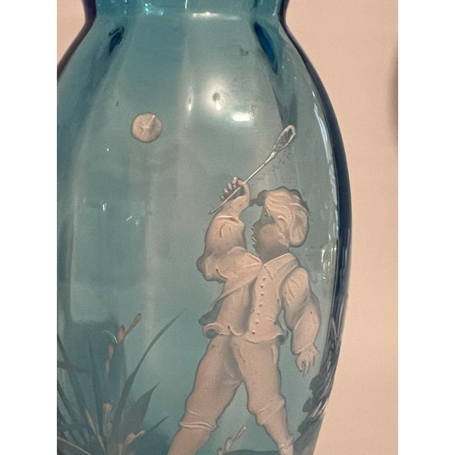 Blue Glass Vase, White Enamel, Child Boy Playing, Mary Gregroy, Hand Painted, Antique Victorian For Sale - Image 6 of 9