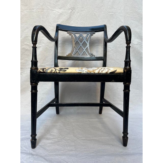 Hollywood Regency Pyne Hollyhock Chintz Black Neoclassical Armchair For Sale - Image 3 of 16