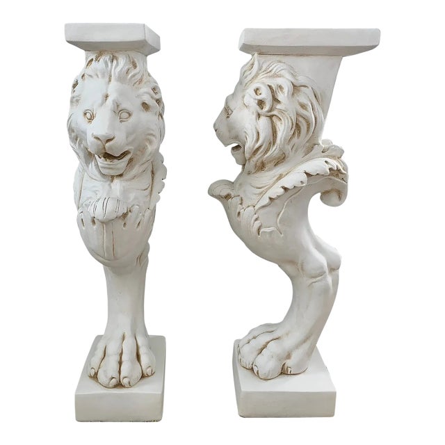 Pair of Grand Tour Roman Lion Pedestals in Distressed White Plaster For Sale