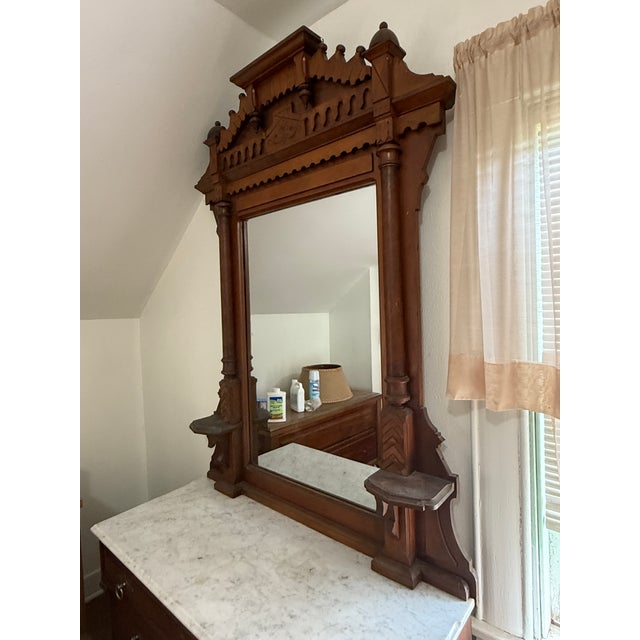 1930s 1930s Victorian Style Walnut Dresser With Marble Top and Standing Mirror For Sale - Image 5 of 7