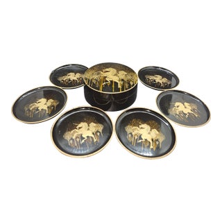 Vintage Otagiri Unicorn Gold/Black Melamine Six Coasters/Box, Japan For Sale
