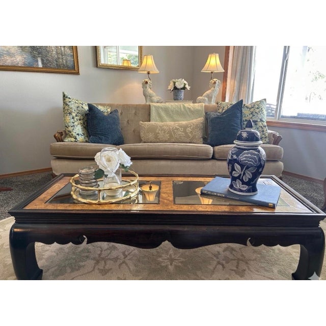 This striking coffee table is a premier example of Postmodern design, blending traditional Asian architectural elements...