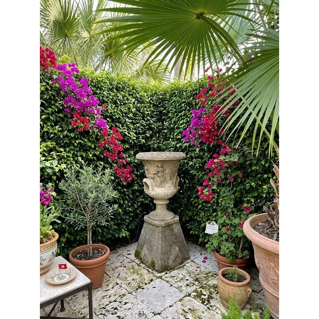 Neo-Classical Style Cast Stone Garden Urn on Pedestal With Bacchanalian Relief For Sale - Image 10 of 10