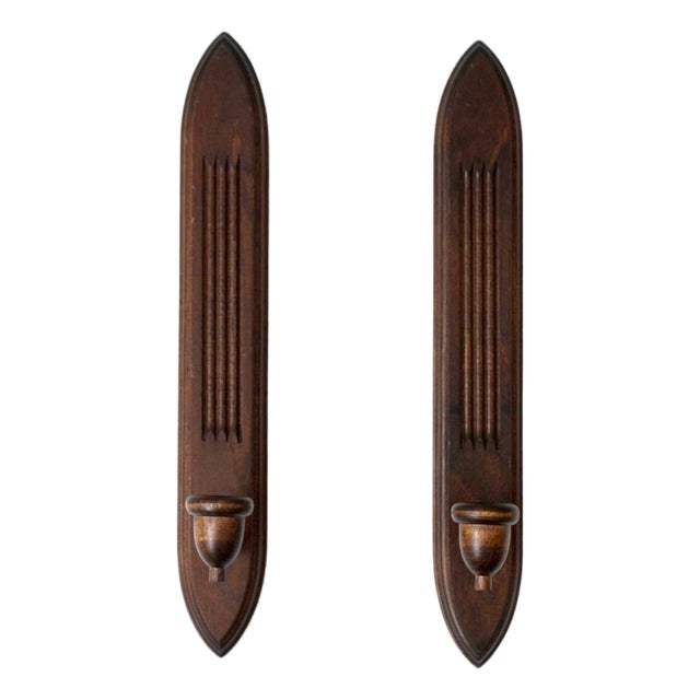 Pair of Mid-Century Gothic Revival Wood Wall Candle Sconces For Sale
