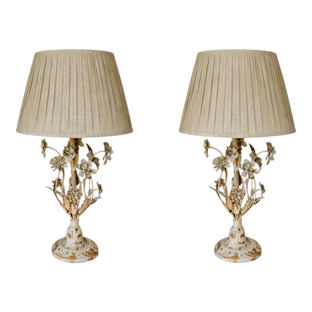Early 21st Century French Style Painted Floral Tole Lamps W/ Linen Pleated Shades Like New - Pair For Sale - Image 5 of 5