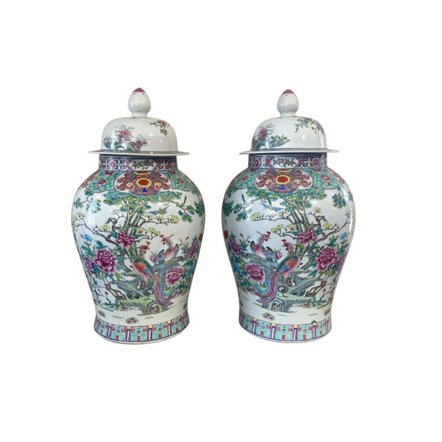 Vintage Lg Chinoiserie Famille Rose Porcelain Ginger Jars 26" H Pair For Sale - Image 11 of 11